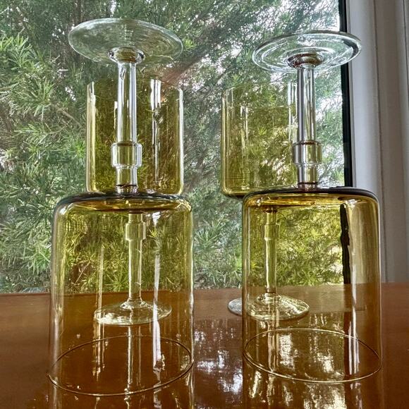 Vintage Amber Stemmed Glasses Set of 4 – Mid-Century Modern Cylindrical Goblets - Picture 14 of 16